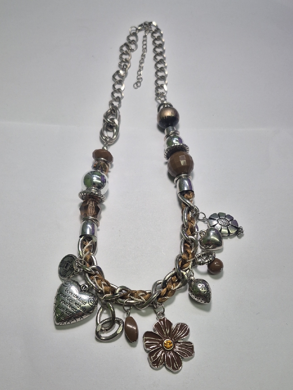 Silver and Brown Floral Heart Charm Beaded Chain 20" In. Necklace